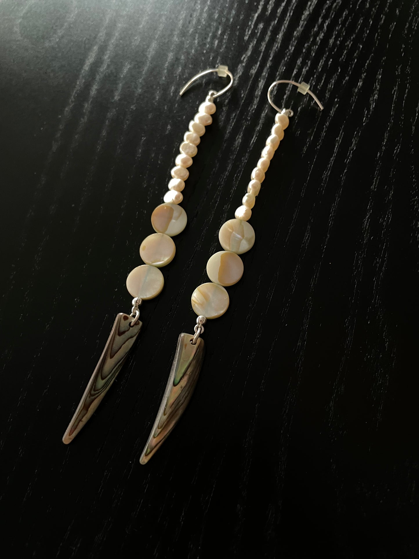 White Seed Pearl, Peach Shells and Abalone Shell Earrings