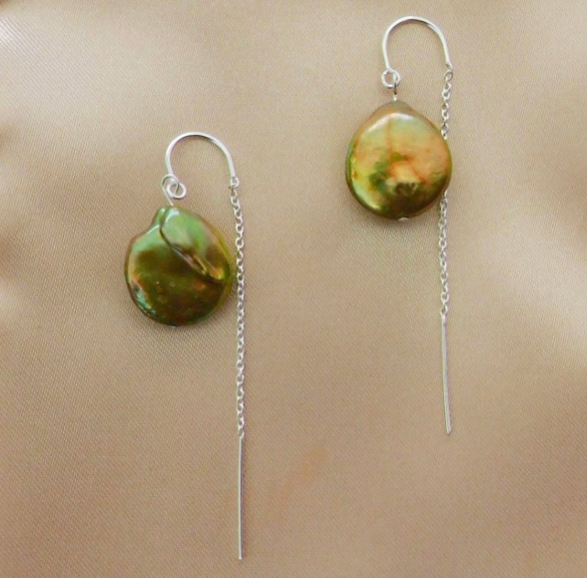 Green Coin Pearl Earrings with Silver Chain