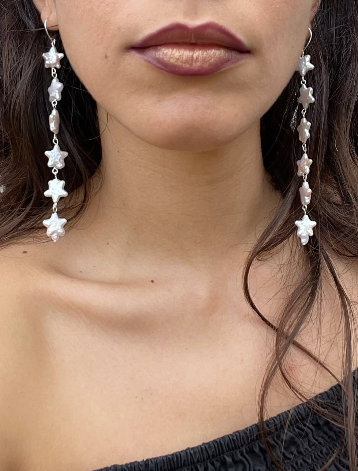 5 Point Star Long Pearl Earrings