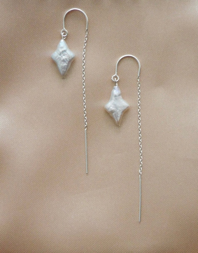Star Pearl Earrings with Silver Chain