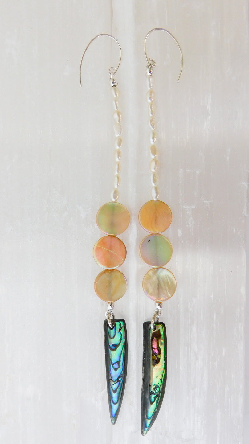 White Seed Pearl, Peach Shells and Abalone Shell Earrings