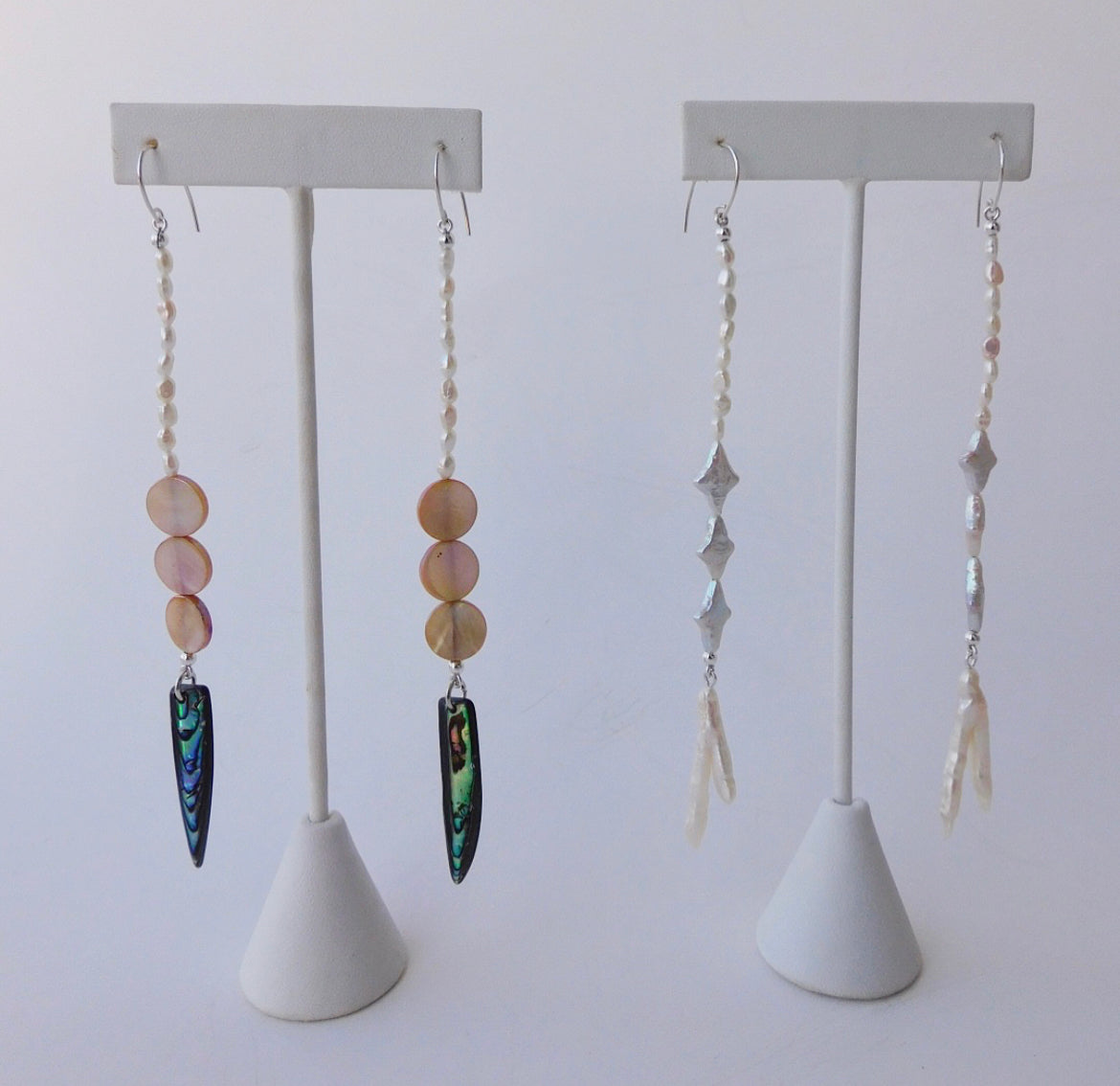 White Seed Pearl, Peach Shells and Abalone Shell Earrings