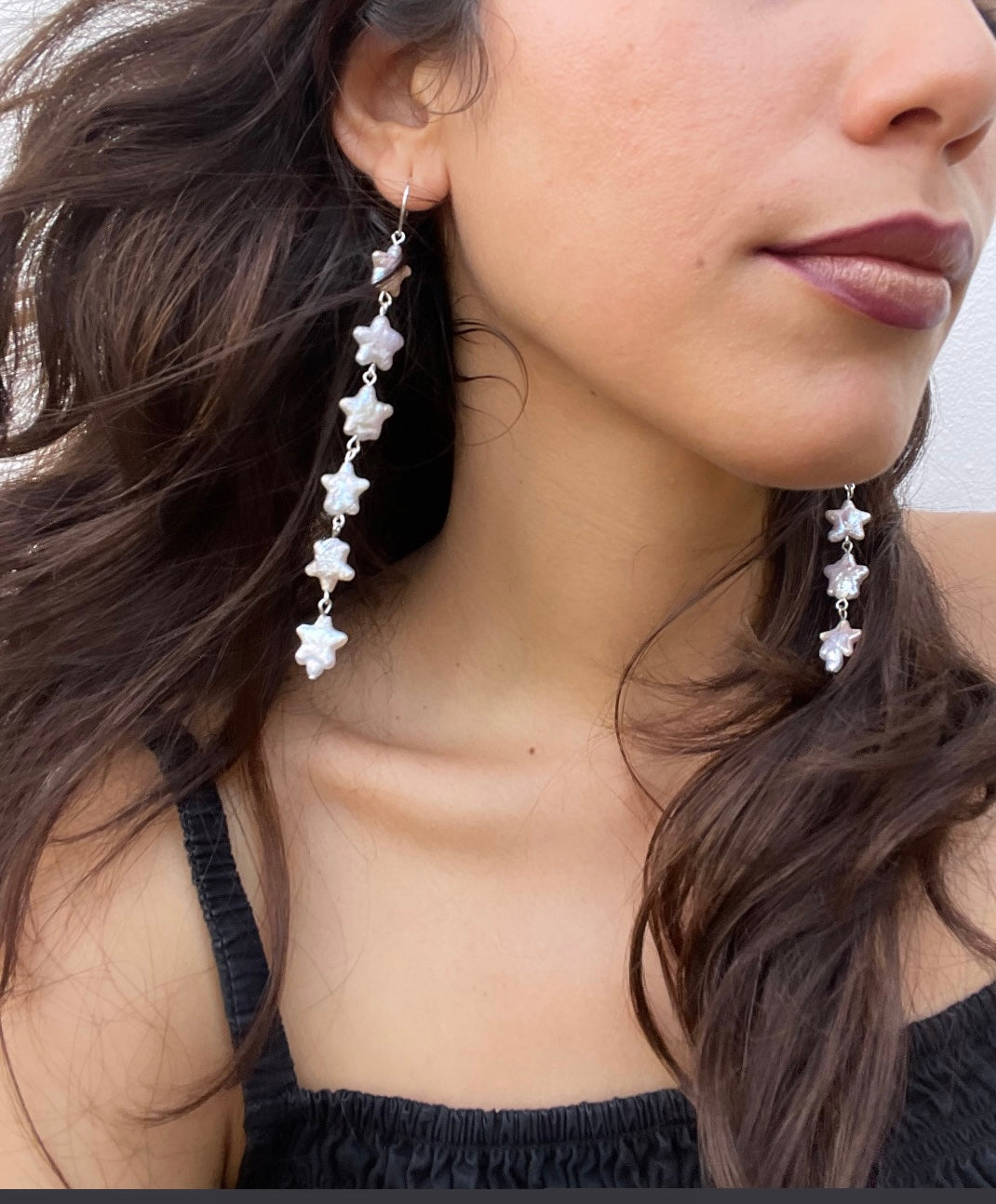 5 Point Star Long Pearl Earrings