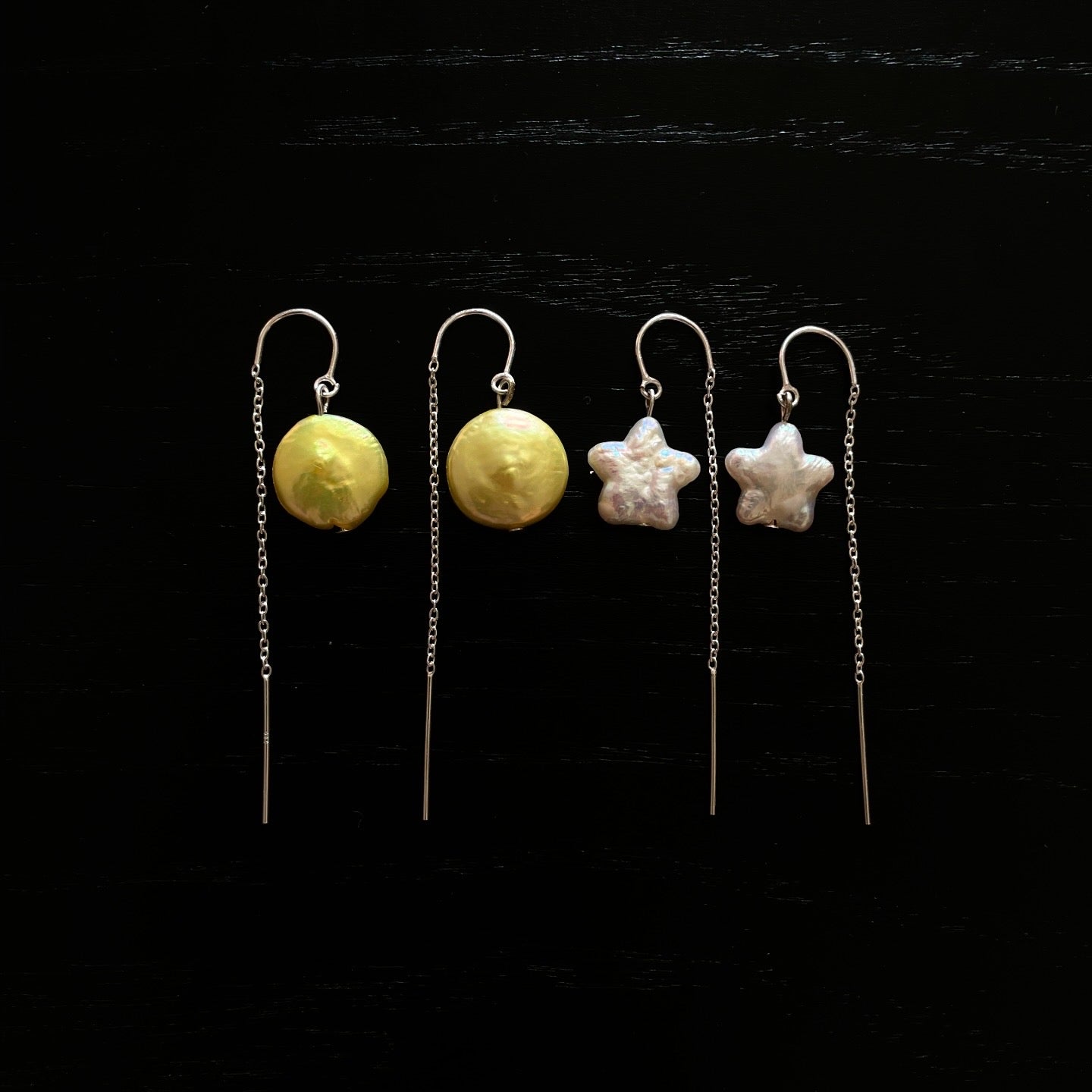 Yellow Coin Pearl Earrings with Silver Chain