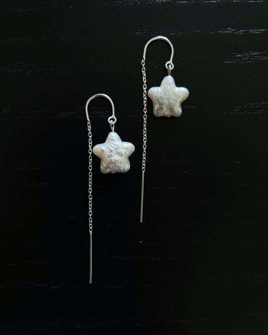 5 Point Star Pearl Earrings with Silver Chain