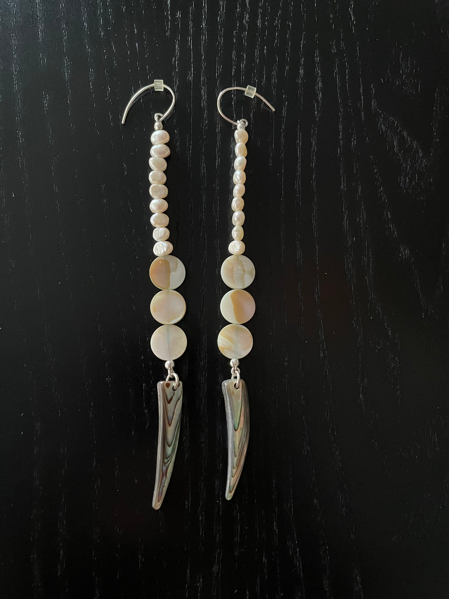 White Seed Pearl, Peach Shells and Abalone Shell Earrings