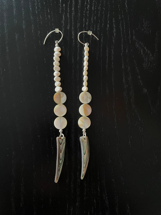 White Seed Pearl, Peach Shells and Abalone Shell Earrings