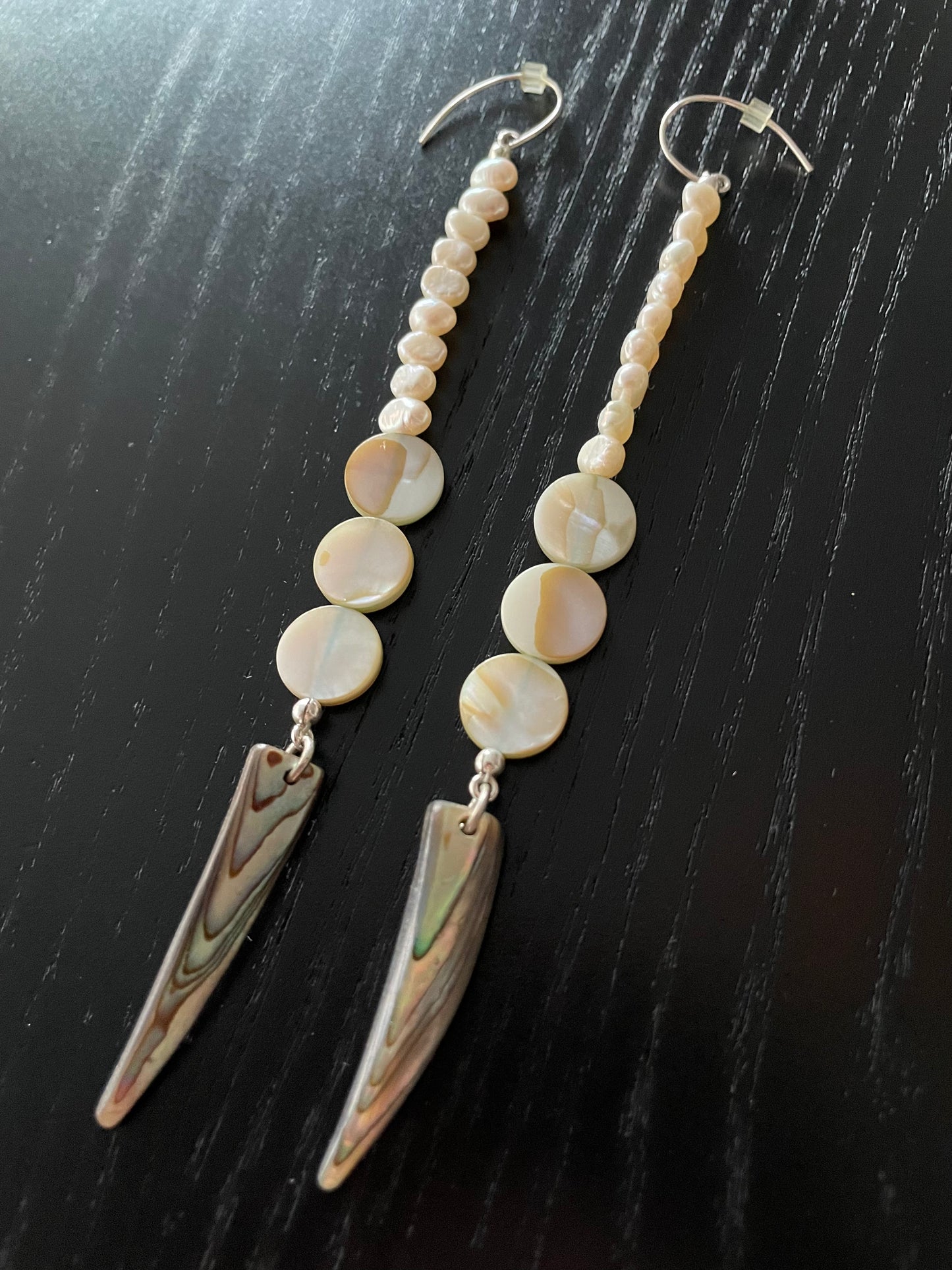 White Seed Pearl, Peach Shells and Abalone Shell Earrings