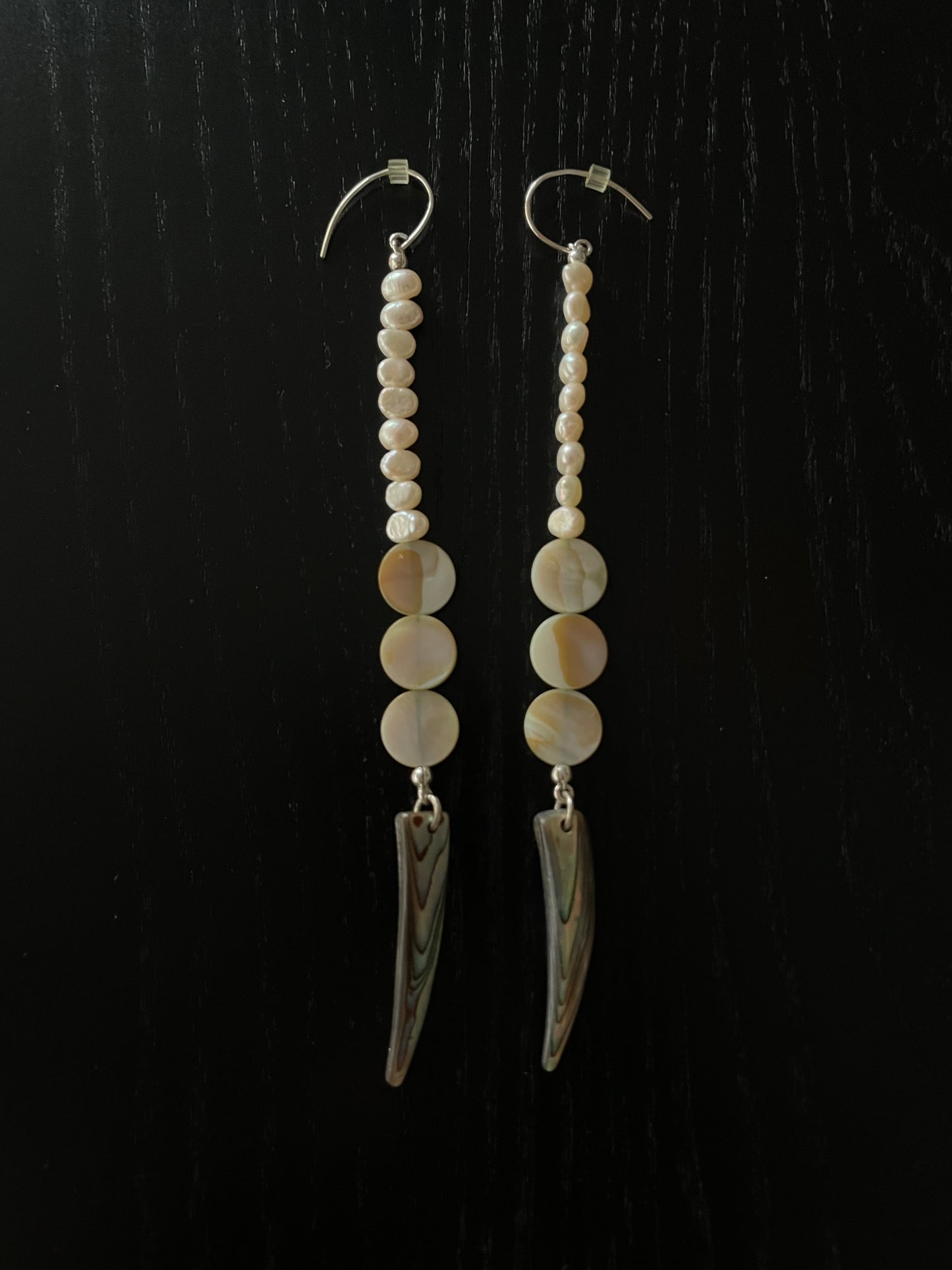 White Seed Pearl, Peach Shells and Abalone Shell Earrings