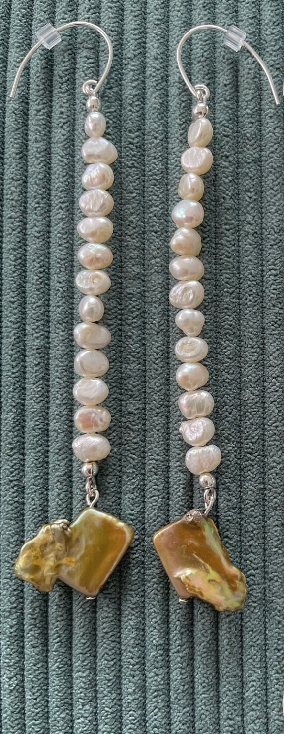 White and Green Pearl Earrings