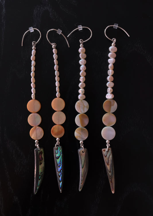 White Seed Pearl, Peach Shells and Abalone Shell Earrings