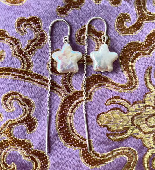 5 Point Star Pearl Earrings with Silver Chain