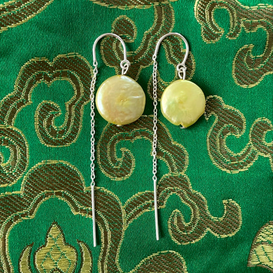 Yellow Coin Pearl Earrings with Silver Chain
