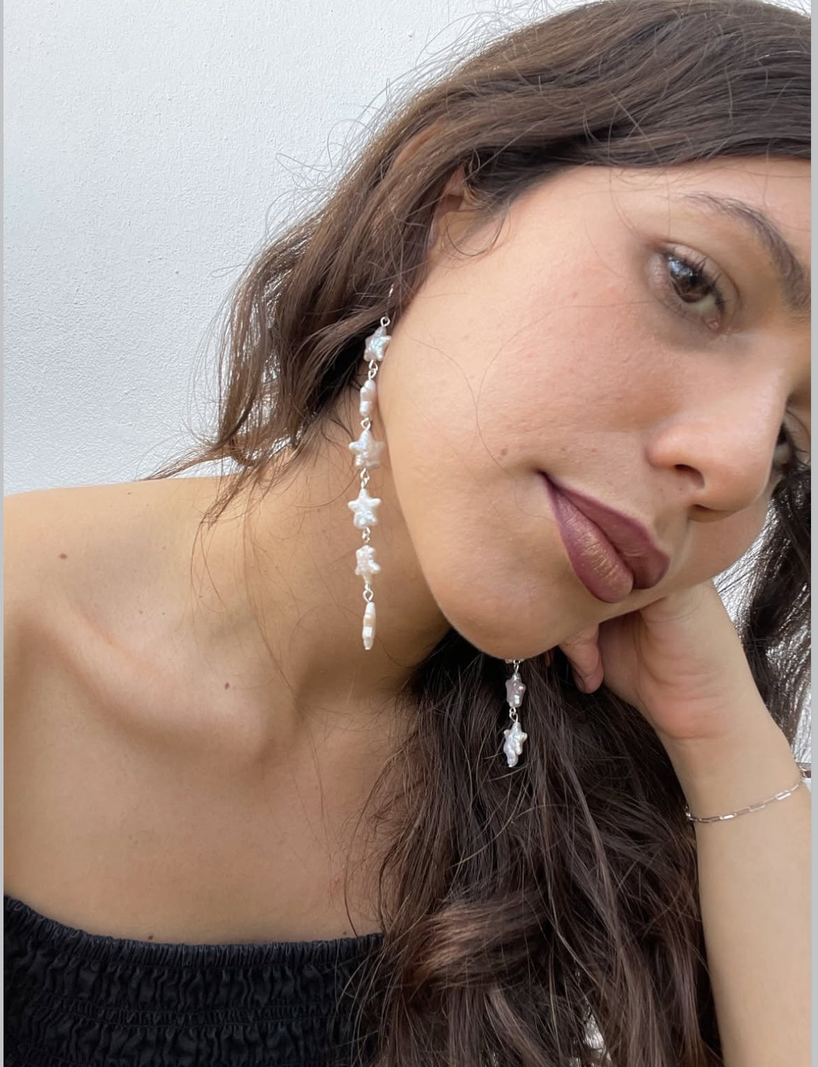 5 Point Star Long Pearl Earrings