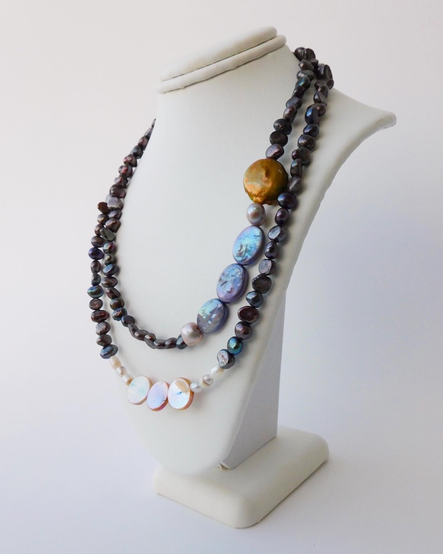 Brown Keshi and White Seed Pearls with Peach Shells Necklace