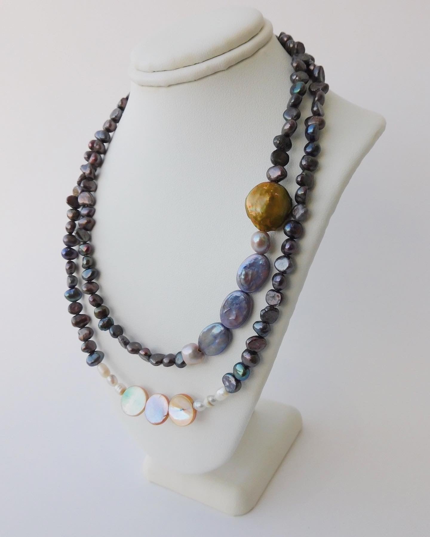 Brown Keshi and White Seed Pearls with Peach Shells Necklace