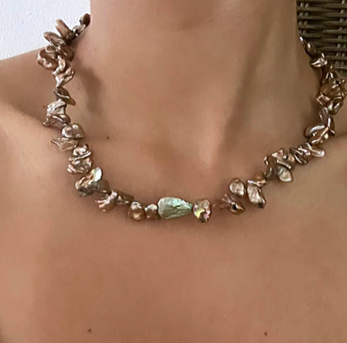 Bronze Keshi and Green Teardrop Pearl Necklace