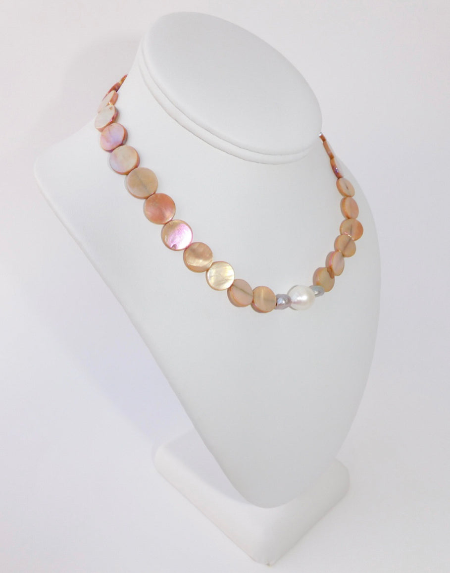 Peach Shell Coin with Lavender and White Baroque Pearls Necklace