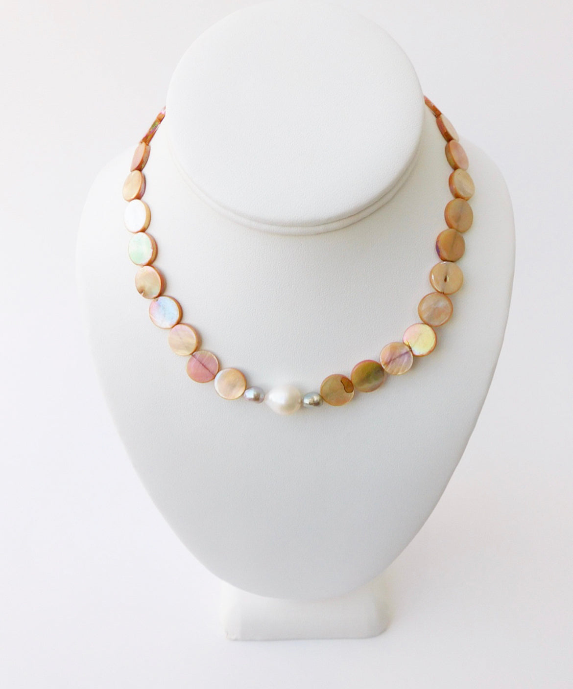 Peach Shell Coin with Lavender and White Baroque Pearls Necklace