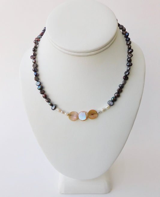 Brown Keshi and White Seed Pearls with Peach Shells Necklace