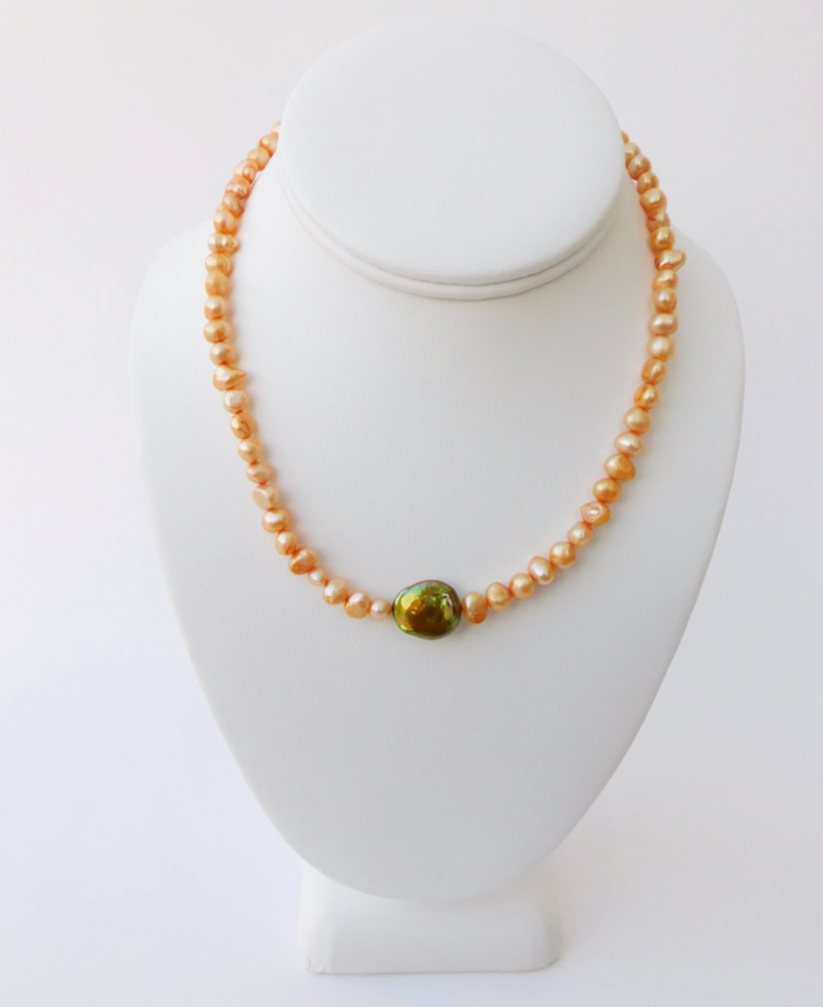 Orange Baroque and Green Coin Pearl Necklace