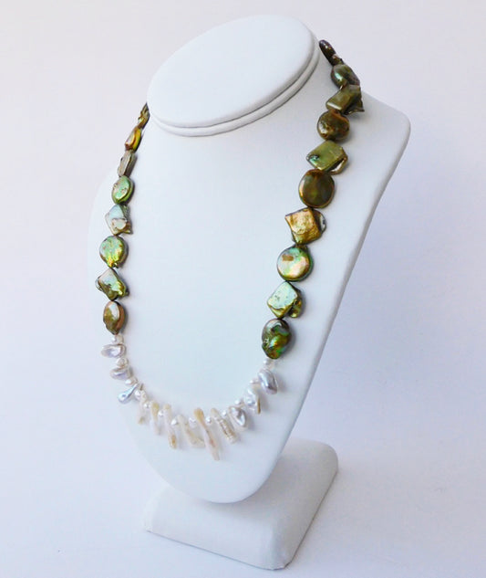 Assorted Green, White Biwa and Keshi Pearl Necklace