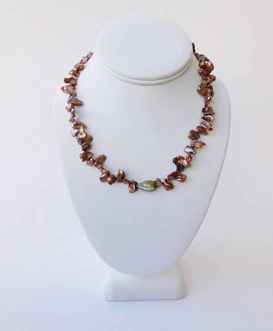 Bronze Keshi and Green Teardrop Pearl Necklace