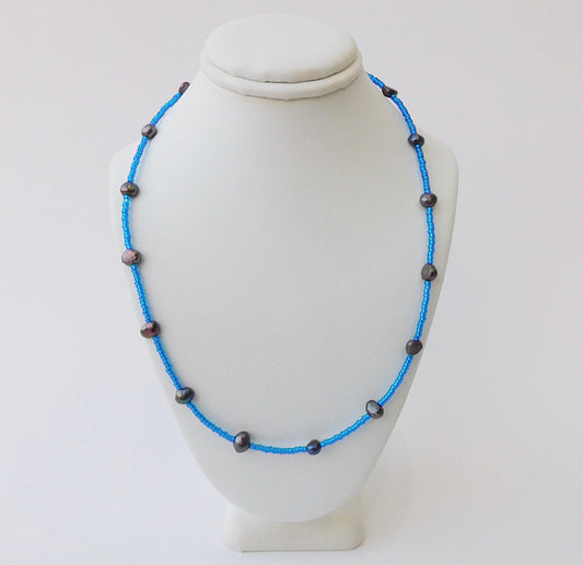 Blue Seed Beads with Pearls Necklace No. 1