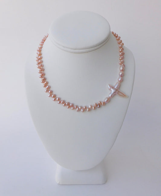 Peach Seed and Cross Pearl Necklace