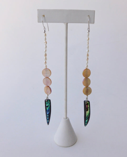 White Seed Pearl, Peach Shells and Abalone Shell Earrings