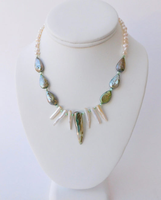 Teardrop Green Pearl, White Biwa Pearl and Abalone Shell Necklace