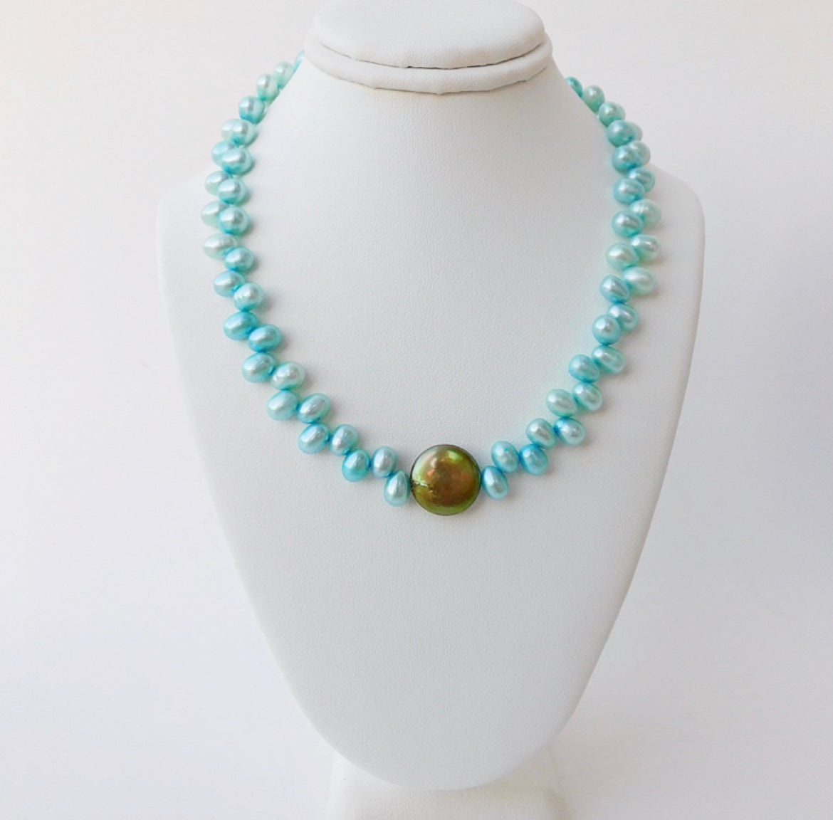 Blue Seed and Green Coin Pearl Necklace