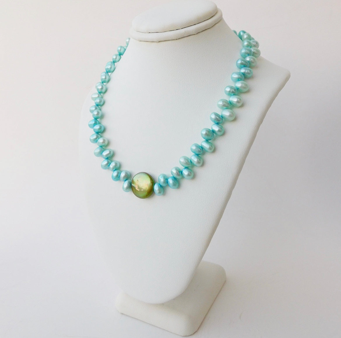 Blue Seed and Green Coin Pearl Necklace