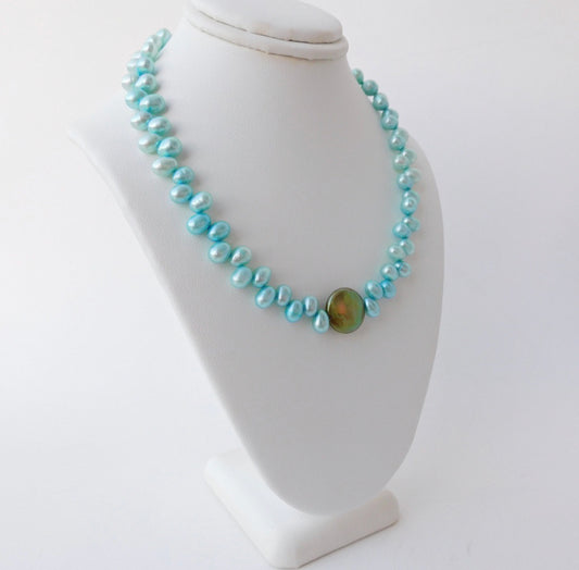 Blue Seed and Green Coin Pearl Necklace