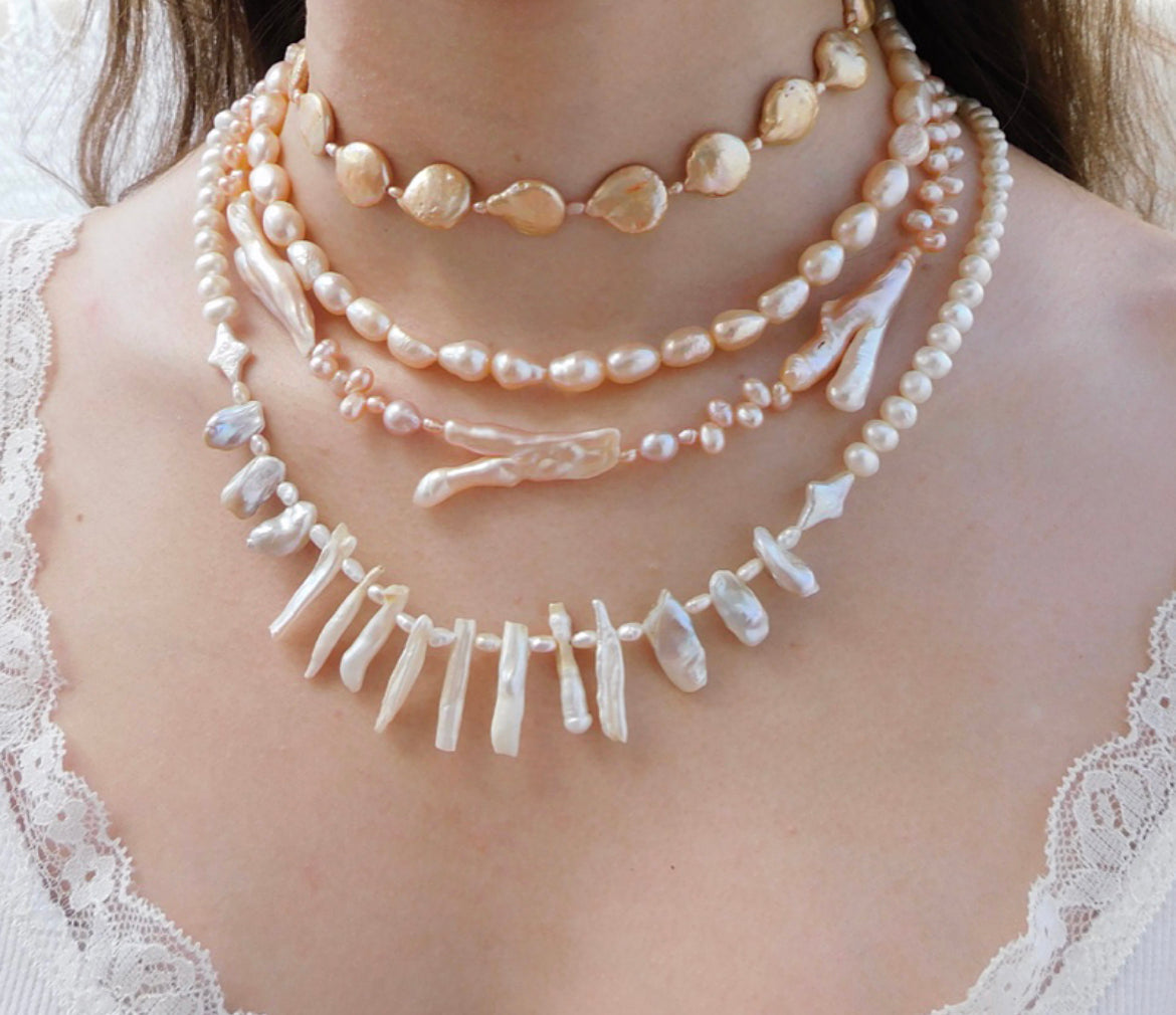 Peach Seed and Biwa Pearl Necklace No. 1