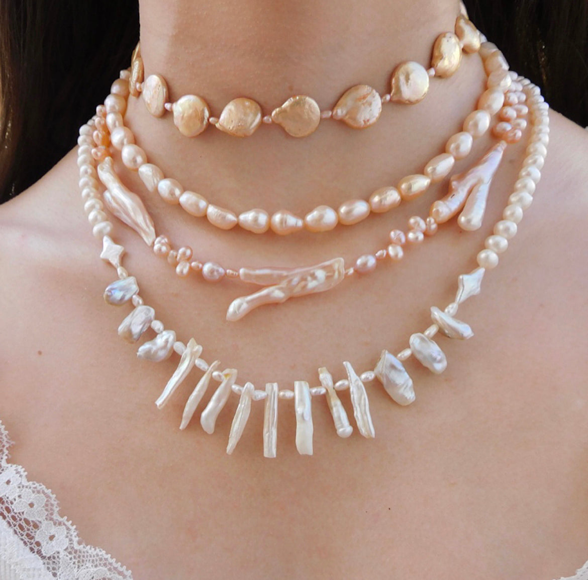 Peach Seed and Biwa Pearl Necklace No. 1