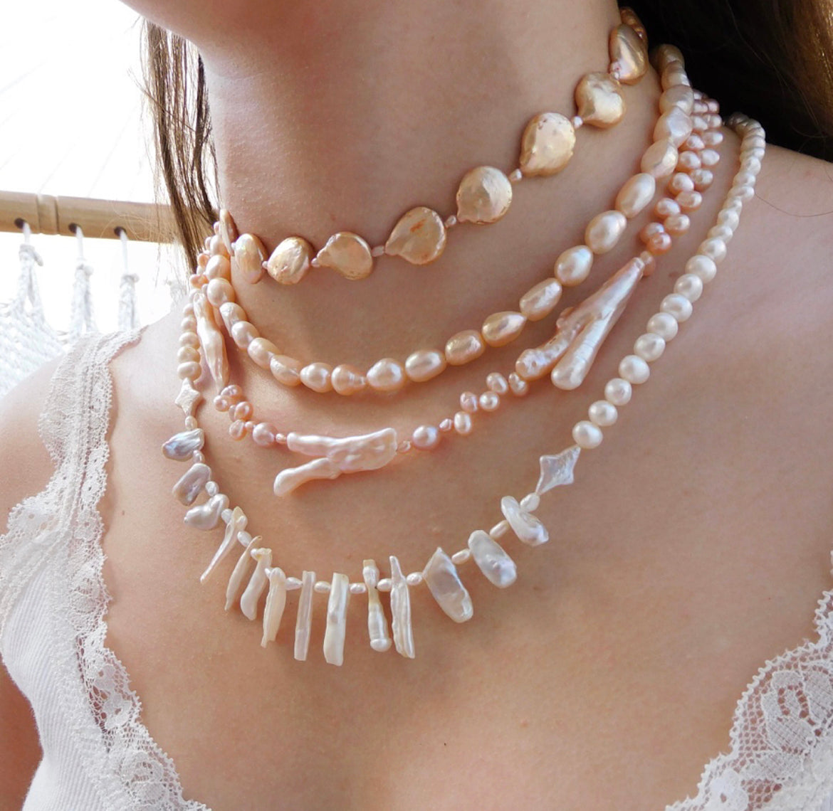 Peach Seed and Biwa Pearl Necklace No. 1