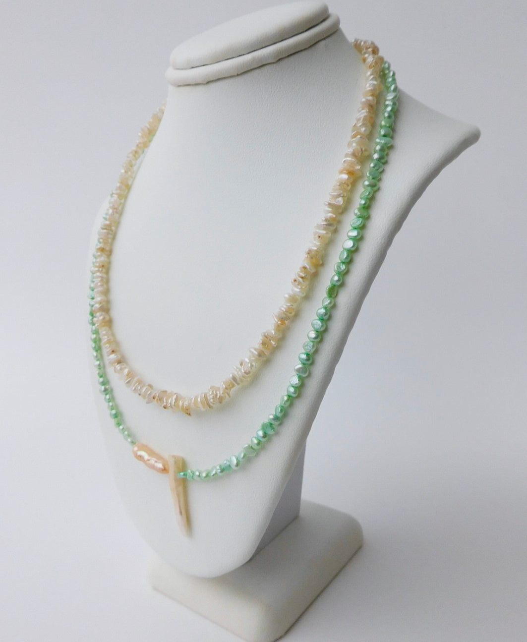 Green Seed, Champagne and White Biwa Pearl Necklace