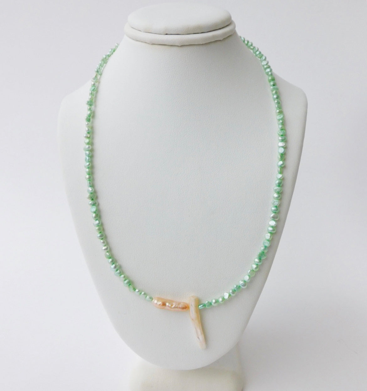 Green Seed, Champagne and White Biwa Pearl Necklace