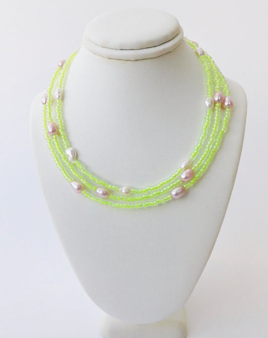 Lime Seed Beads with Pearls Necklace No. 1